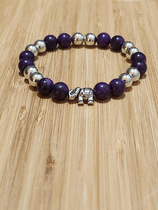 Purple Quartz Stone beaded bracelet with silver Elephant accent piece - happiness, courage, protection