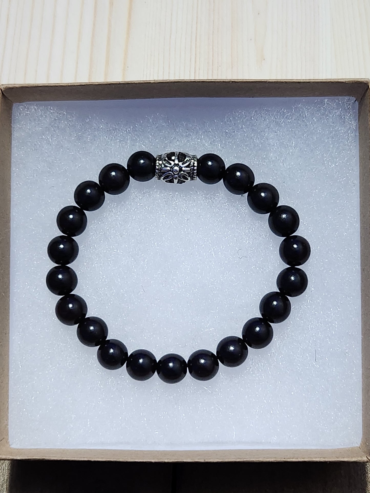 Wooden Beaded Bracelet - 7mm beads - black with one accent piece