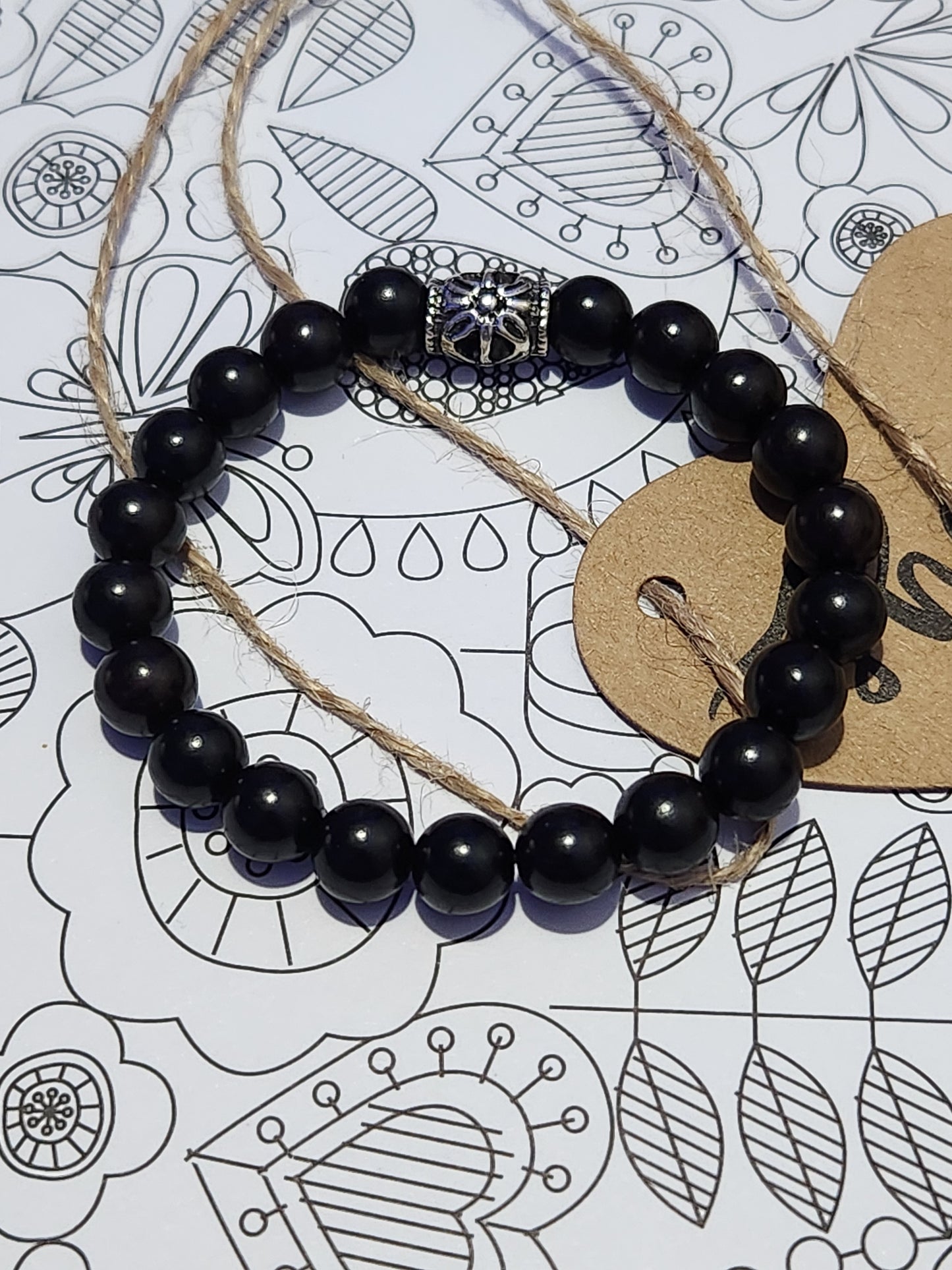 Wooden Beaded Bracelet - 7mm beads - black with one accent piece