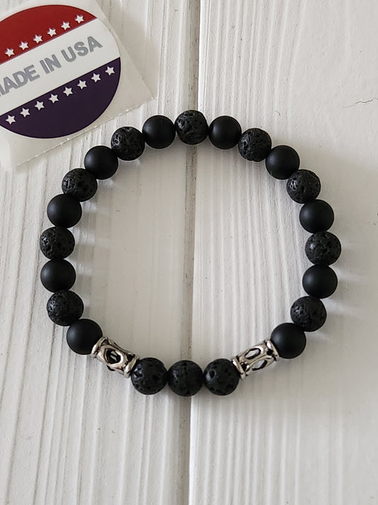 Mens Black Volcanic Lava Stone and Black Onyx Stone Bracelet with accents - strength - courage - stability -