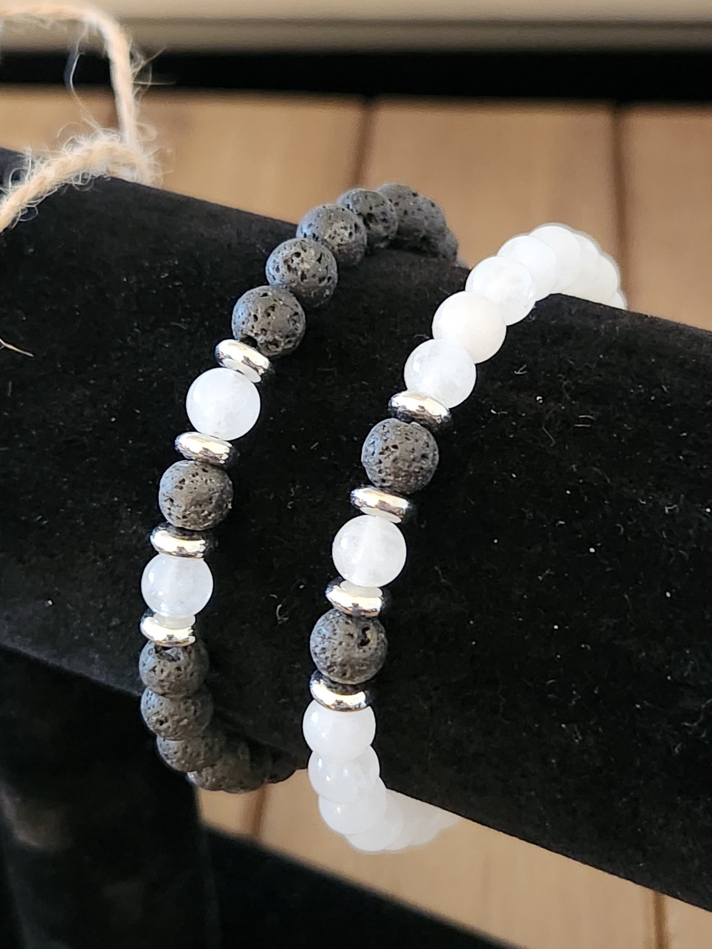 Black Volcanic Lava Stone and White Jade Stone Bracelet Set - courage - stability - calming - direction - peace