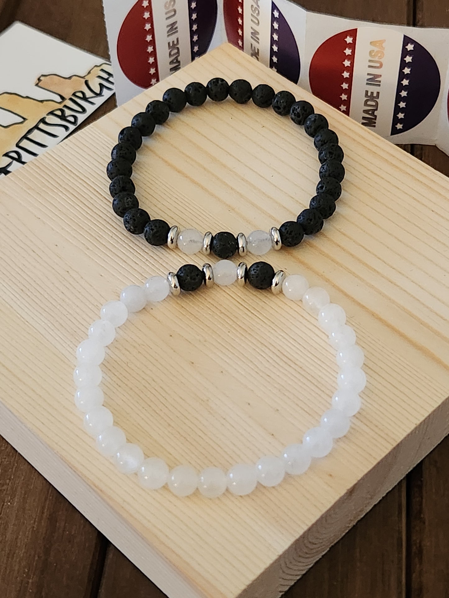 Black Volcanic Lava Stone and White Jade Stone Bracelet Set - courage - stability - calming - direction - peace