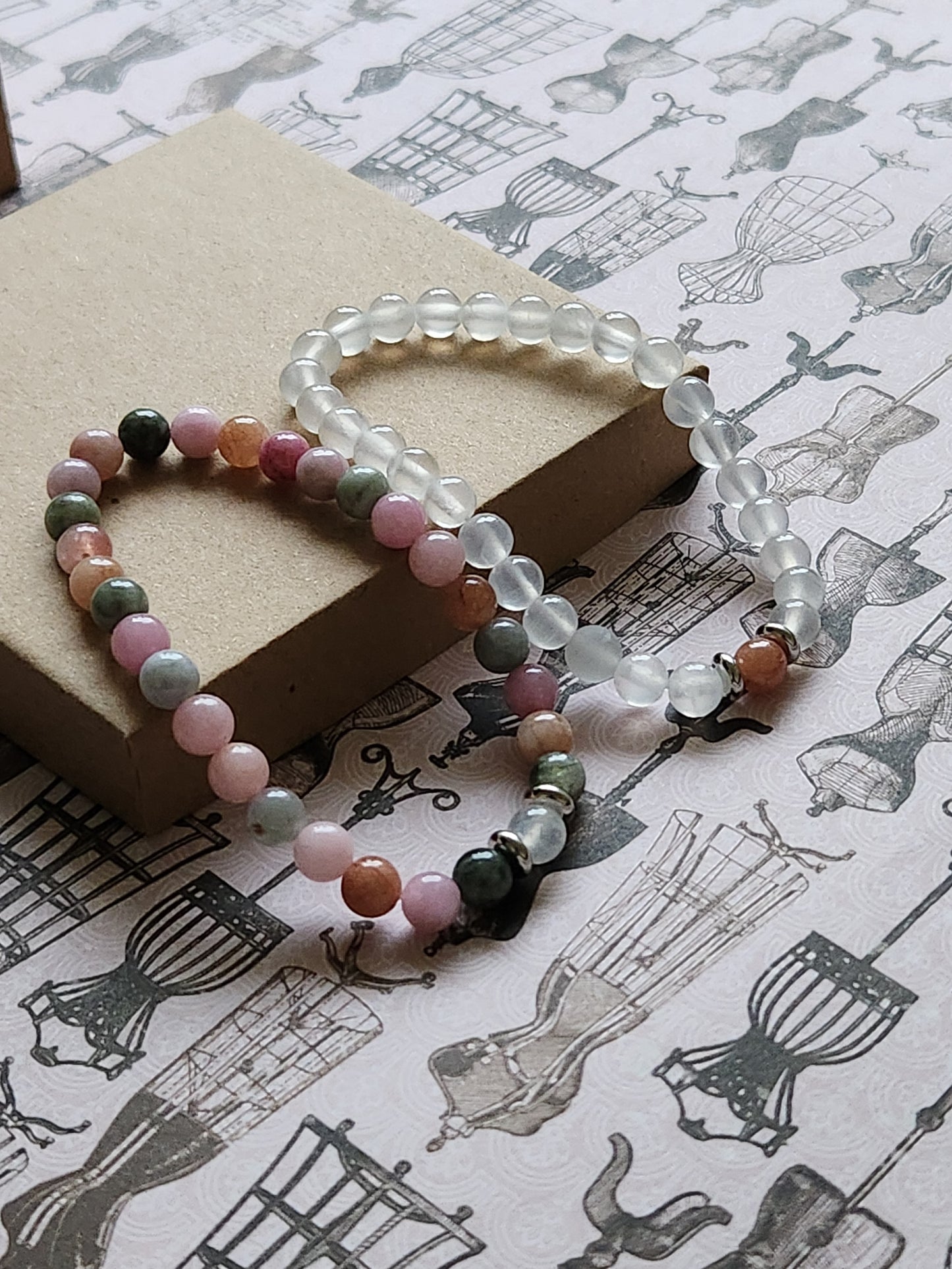 Rainbow Stone and Selenite Stone Bracelet Set - Set of 2 - compassion - femininity - peace - harmony - sleep - healing