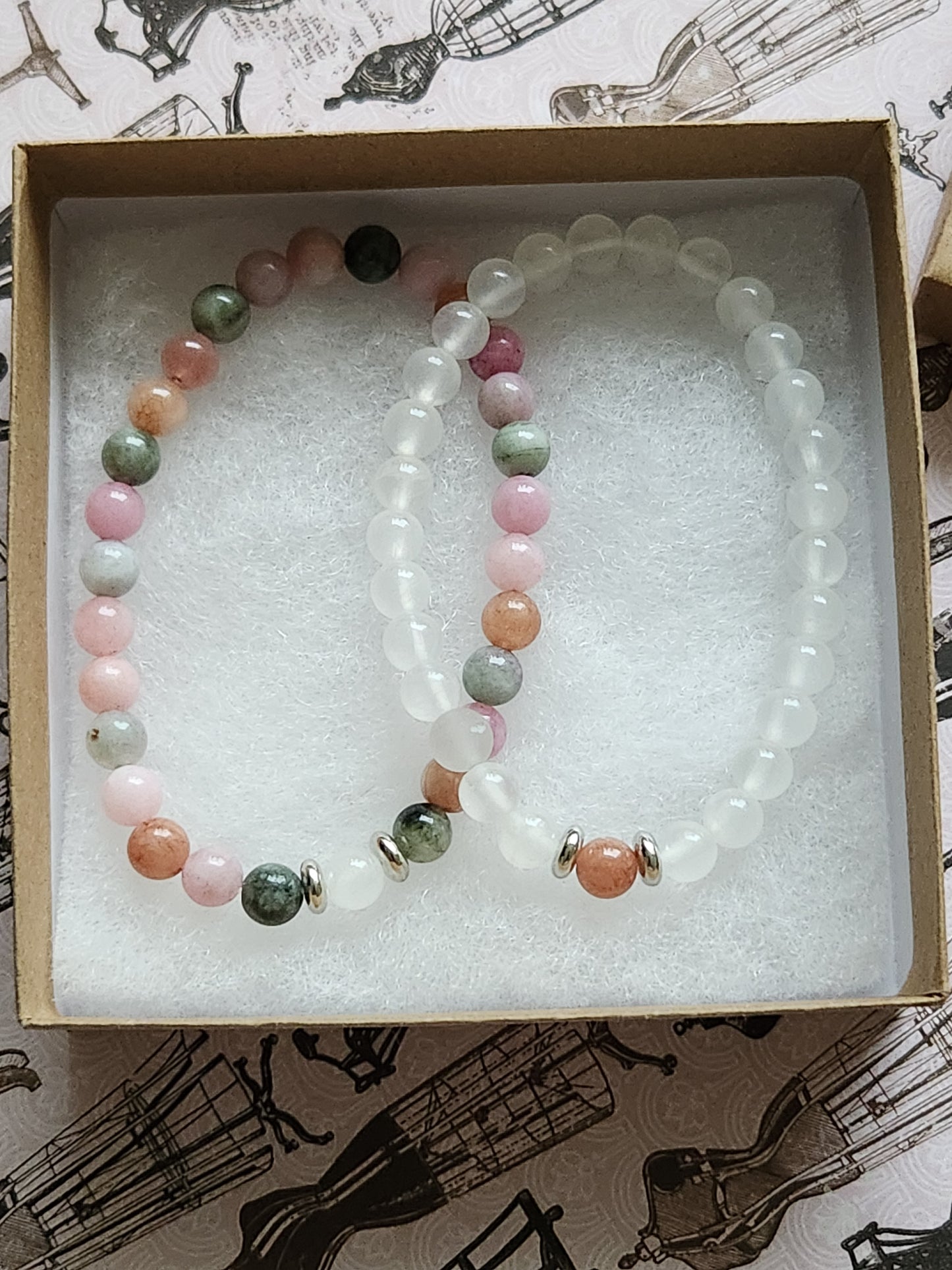 Rainbow Stone and Selenite Stone Bracelet Set - Set of 2 - compassion - femininity - peace - harmony - sleep - healing