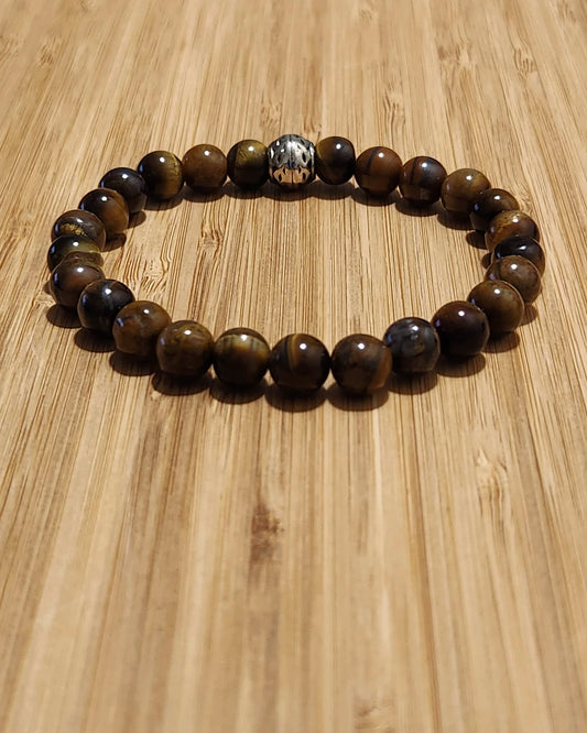 Mens Tiger's Eye Stone Beaded Bracelet with one accent piece - confidence - power - security - insight