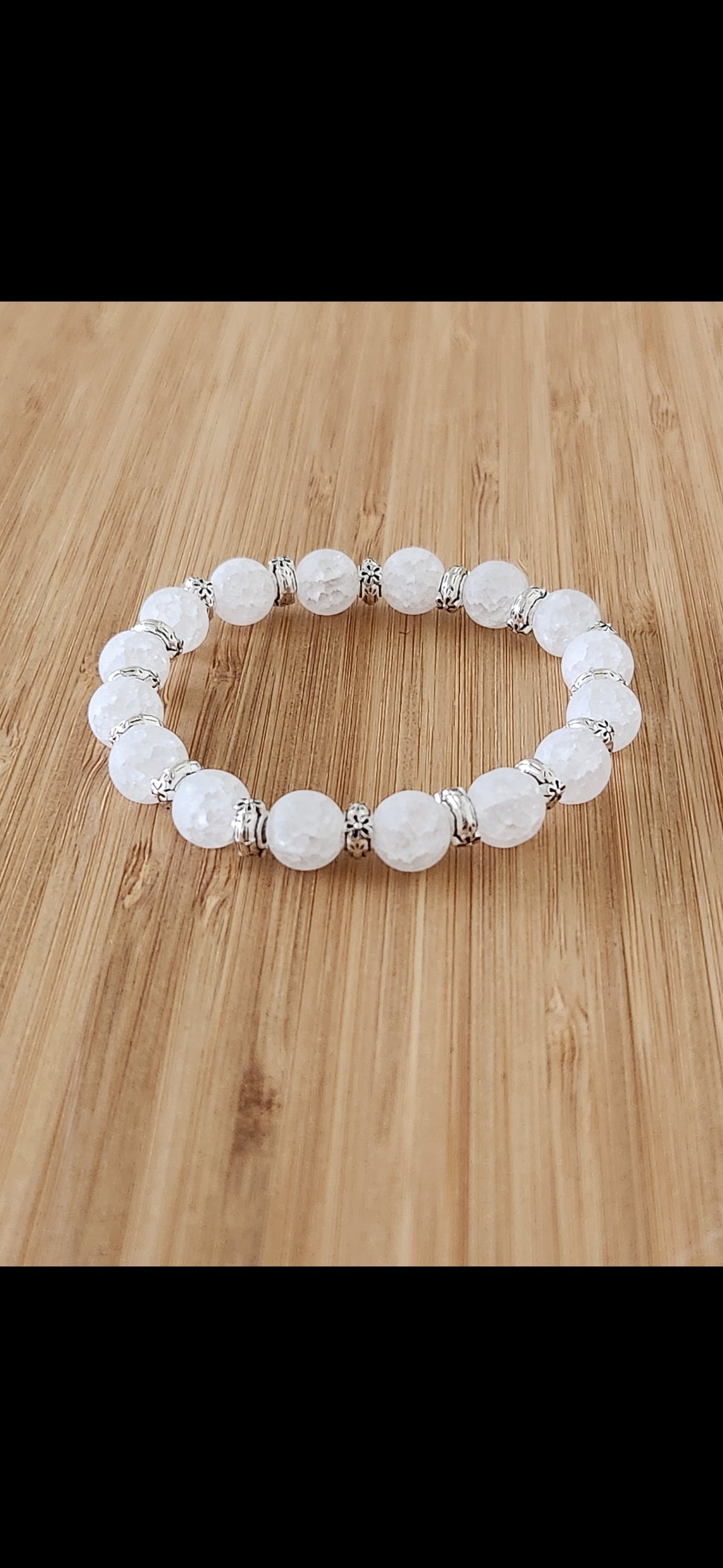White Crackle Quartz Stone beaded bracelet with accents - harmony - spiritual light - wisdom - growth