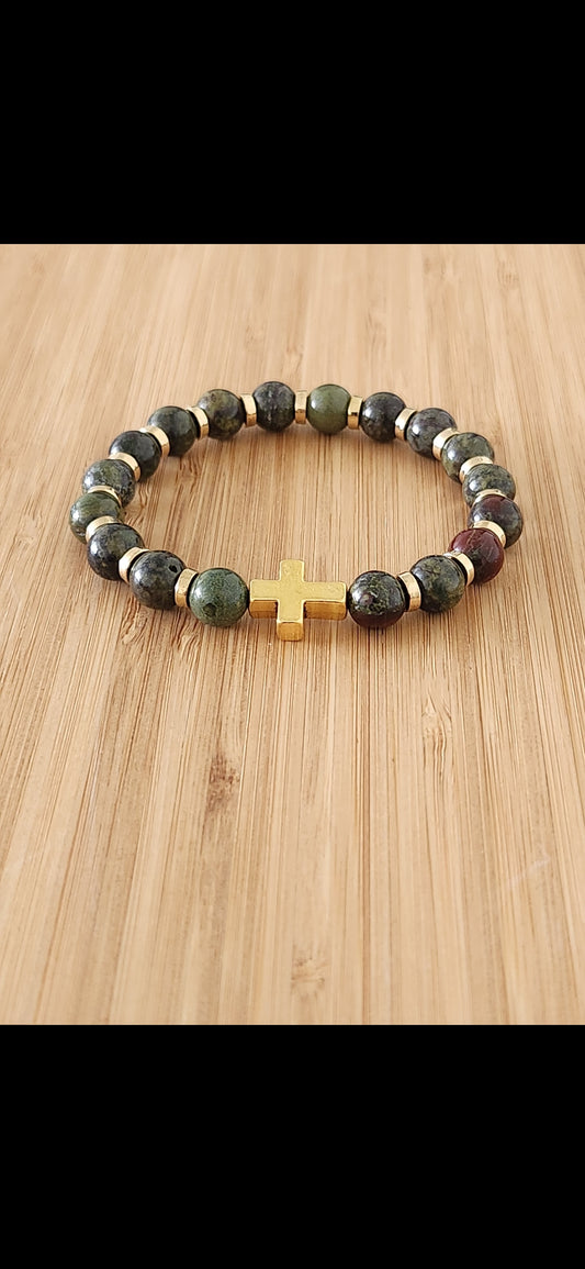 Bloodstone Bracelet with gold Cross accent - protection - calming - sacrifice - bravery