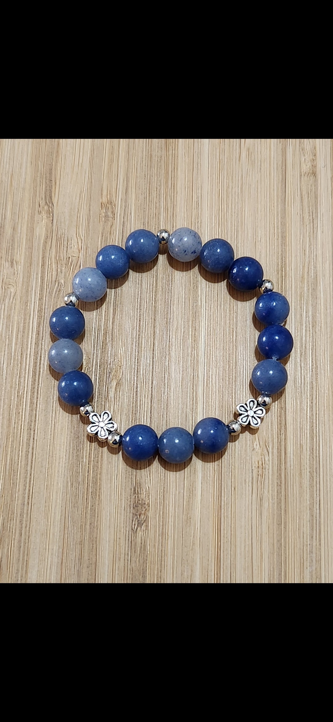 Blue Aventurine Stone beaded bracelet with silver flower accents - positivity - tranquility - communication
