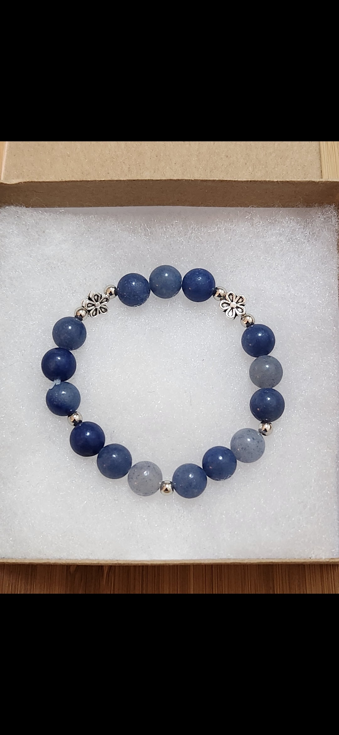 Blue Aventurine Stone beaded bracelet with silver flower accents - positivity - tranquility - communication