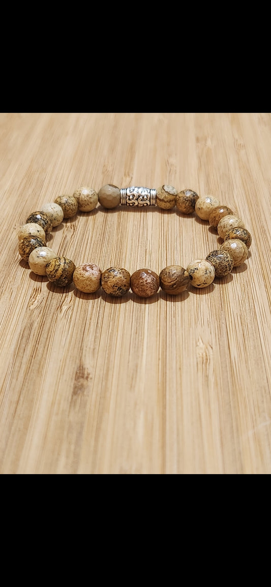 Picture Jasper Stone beaded bracelet with 1 silver accent piece - powerful - comfort - harmony - nurtures