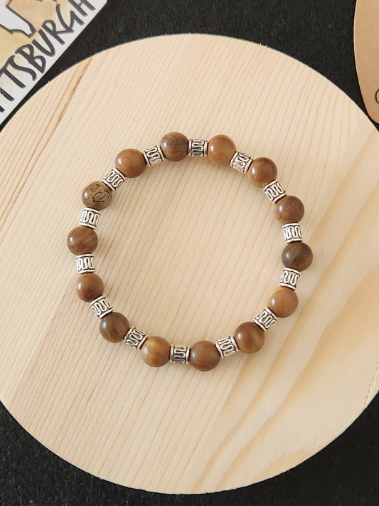 Sandalwood Beaded Bracelet with Silver Accents - calming - peace - healing - rest