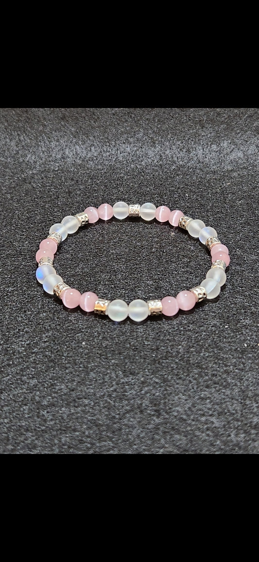 Pink Cats Eye and Pink Opal Stone beaded bracelet with accents - love - kindness - happiness - generosity